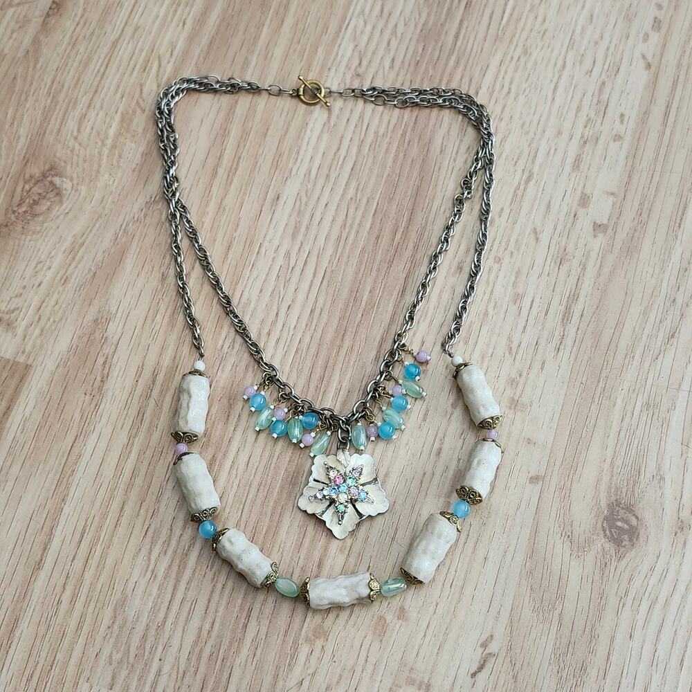 Pastel Beaded Multistrand Flower Pendant Necklace White Barrel Boho Mixed Metal